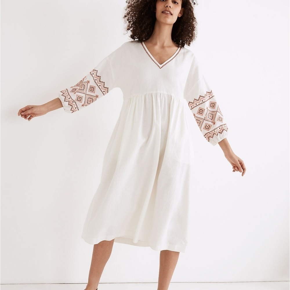 Madewell Linen Embroidered-Sleeve Popover Midi Dress
